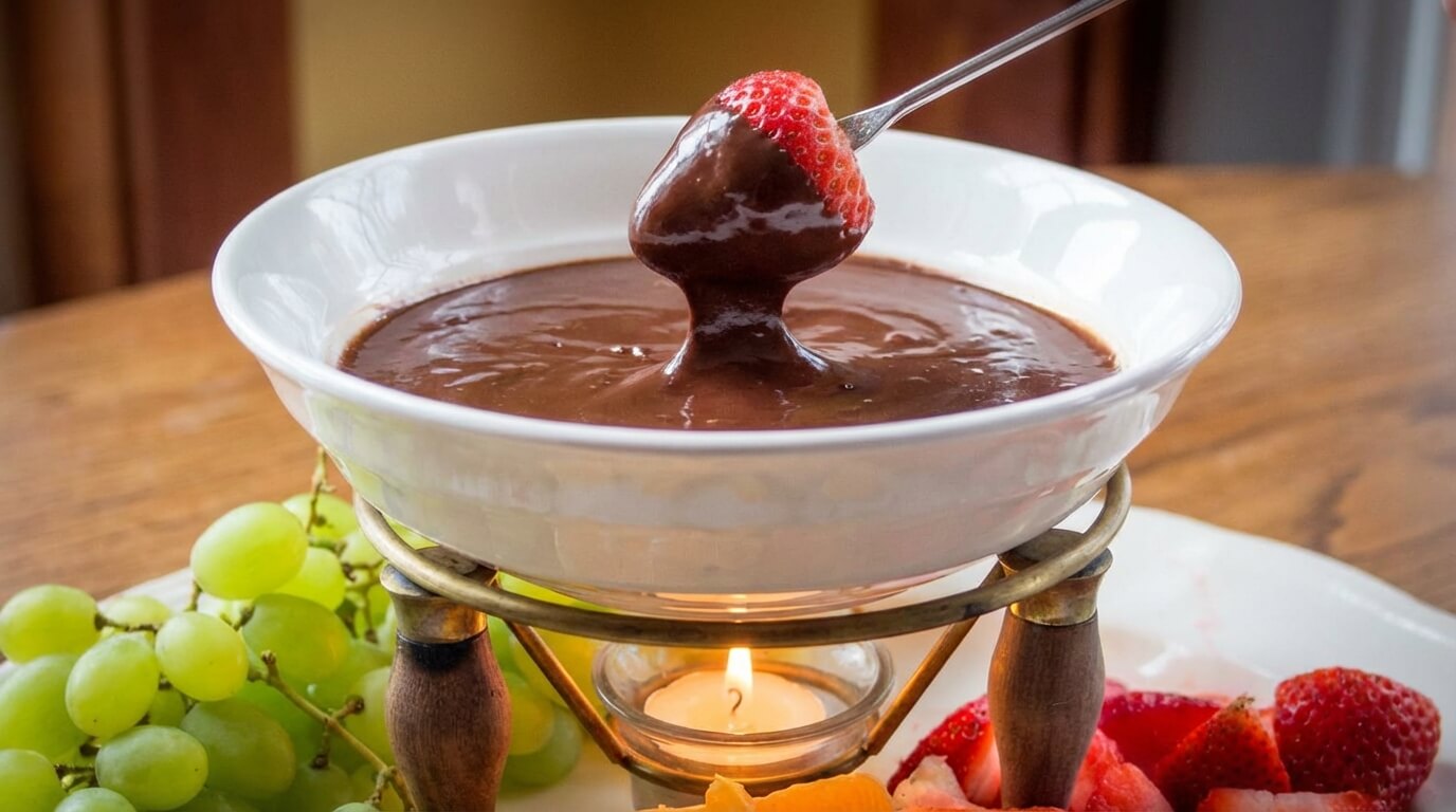 Easy chocolate fondue board with fruit, marshmallows, and pretzels