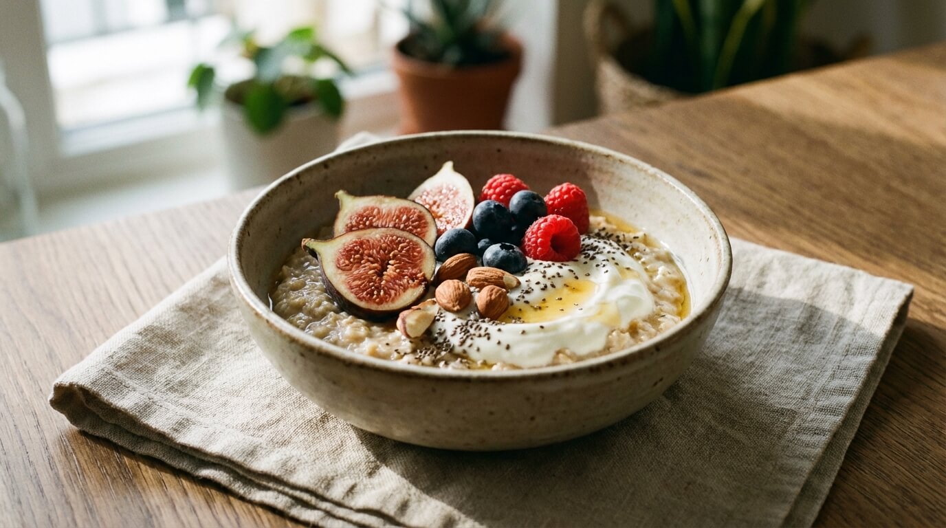 Easy healthy breakfast bowl with oats, fruit, and yogurt