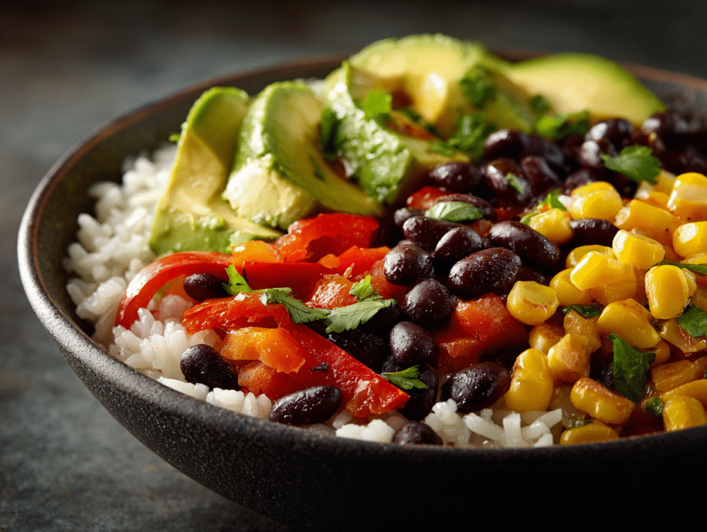 Easy vegan burrito bowls with rice, black beans, corn, and fresh vegetables