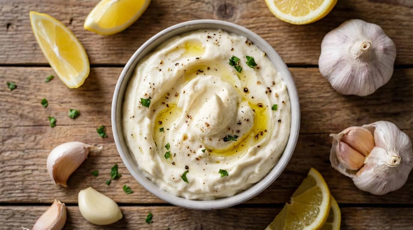 Creamy homemade garlic aioli recipe in a small bowl