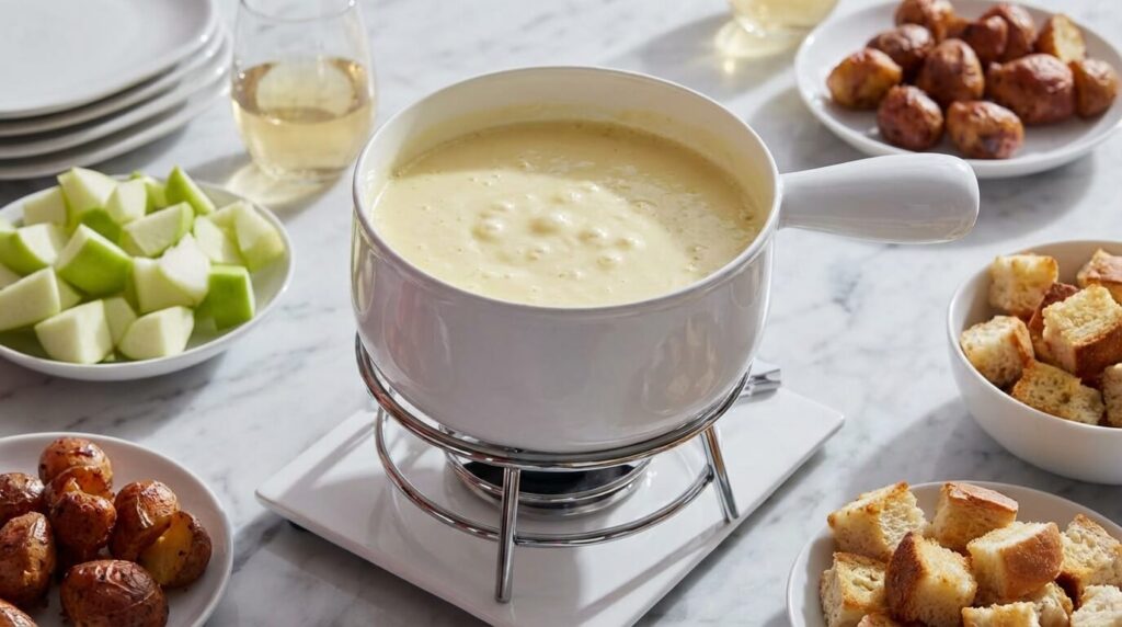 Gruyere cheese fondue served warm with bread dippers