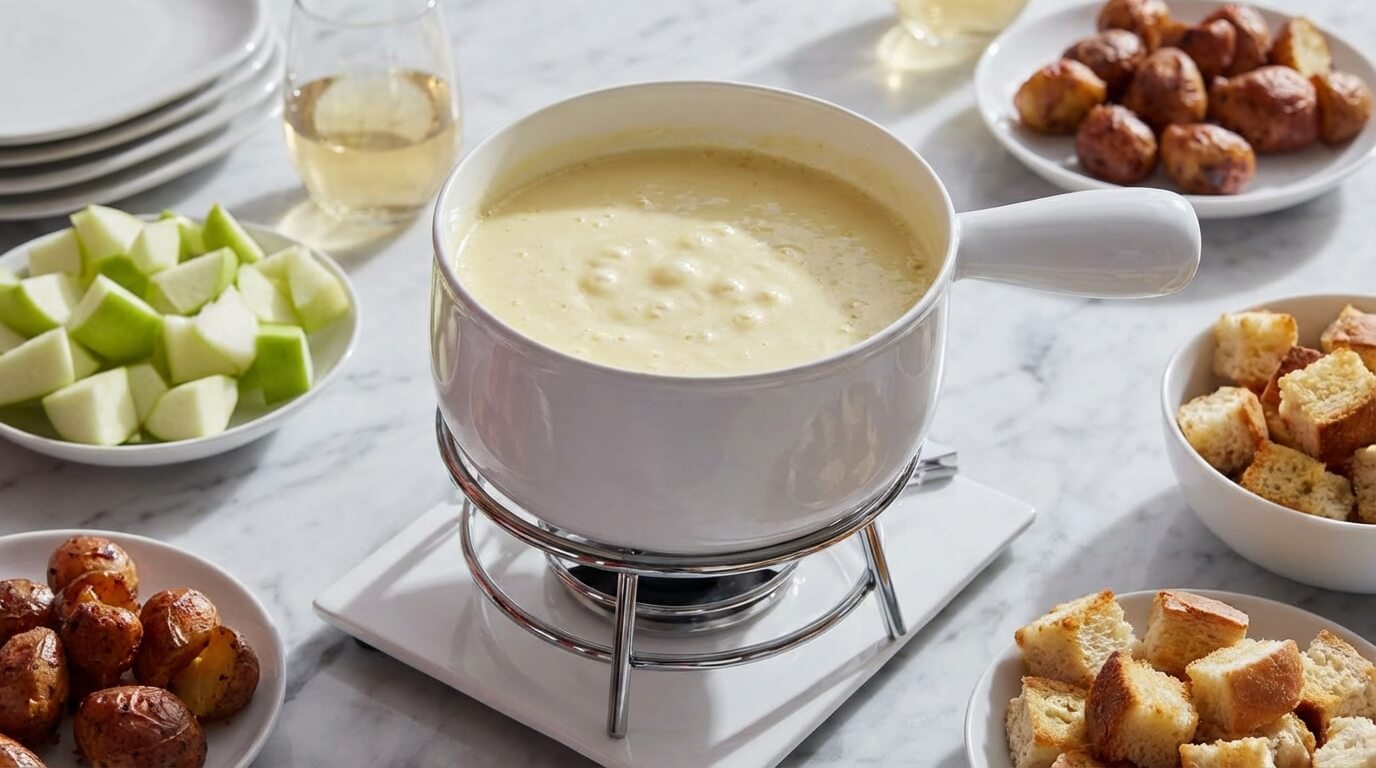 Gruyere cheese fondue served warm with bread dippers