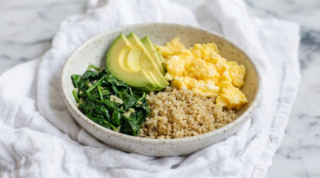 Healthy breakfast bowl for weight loss with eggs, quinoa, avocado, and greens