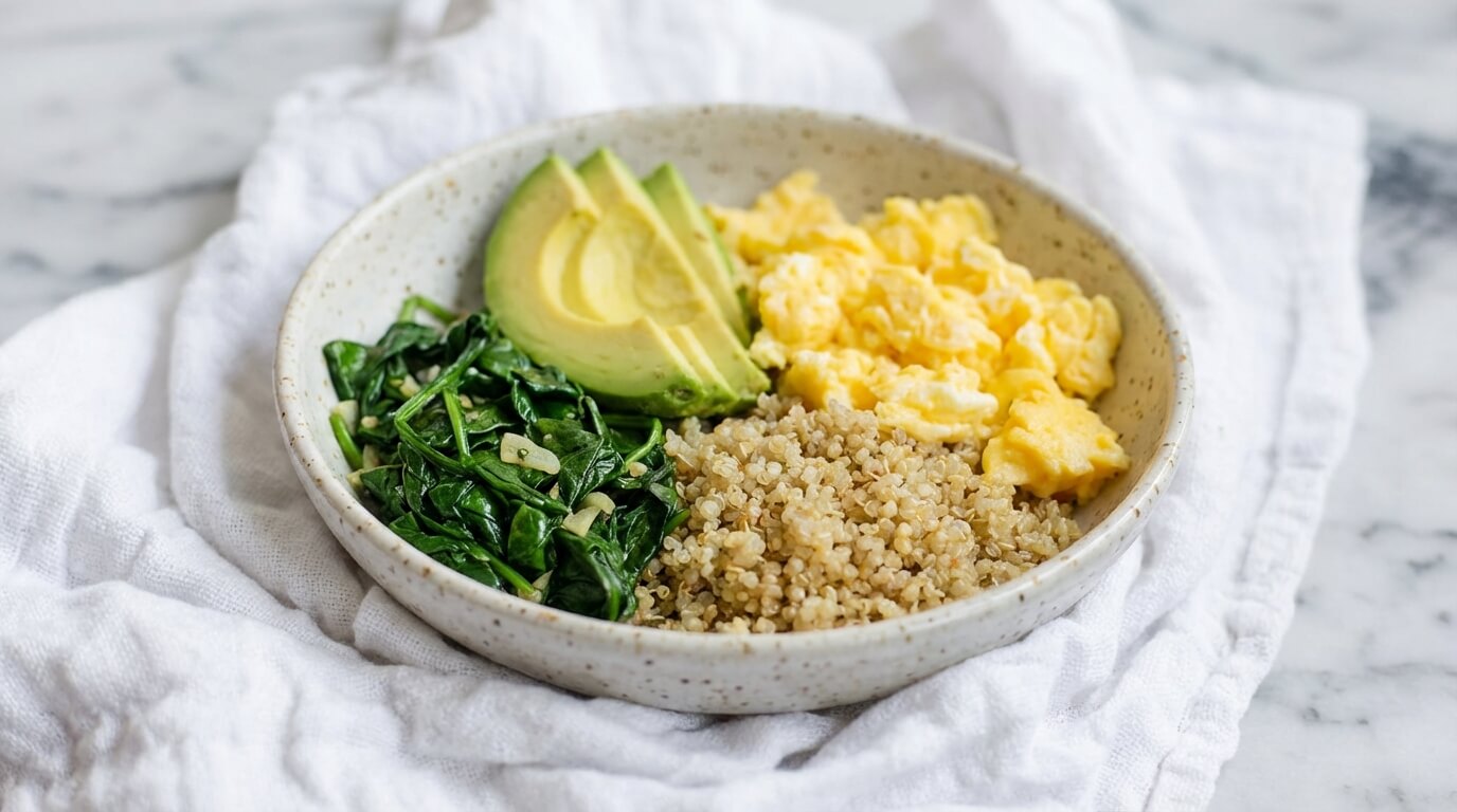 Healthy breakfast bowl for weight loss with eggs, quinoa, avocado, and greens