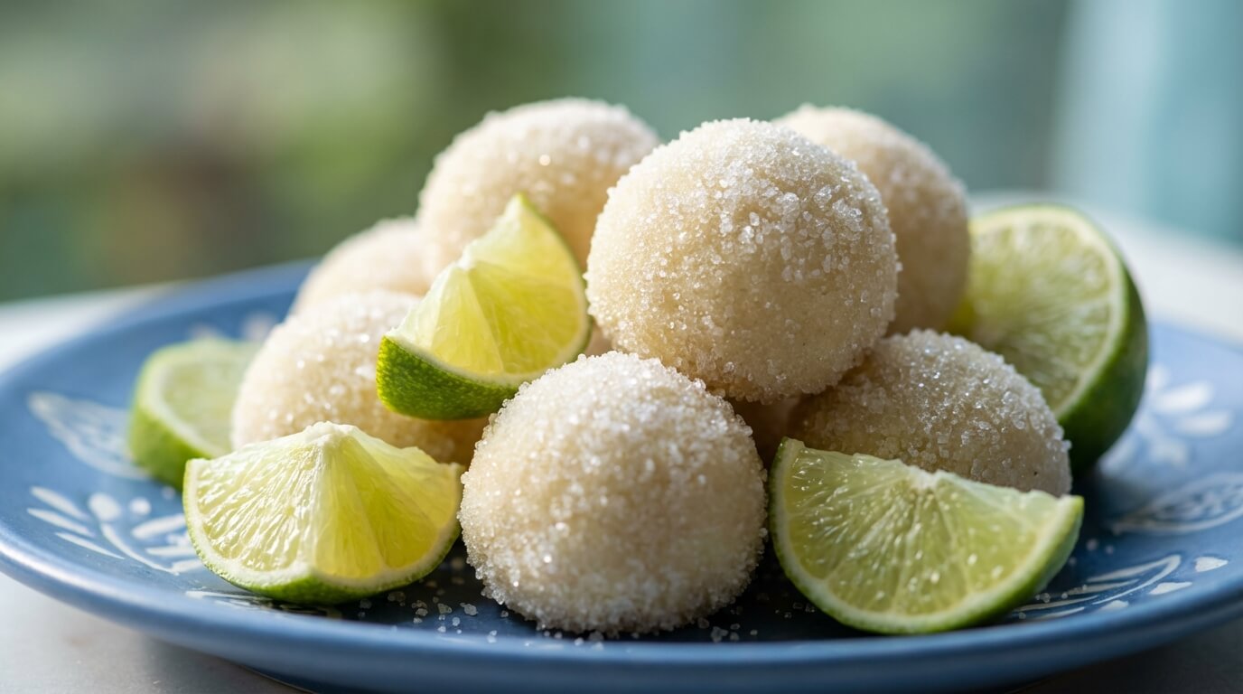 Margarita balls coated in sugar with fresh lime zest