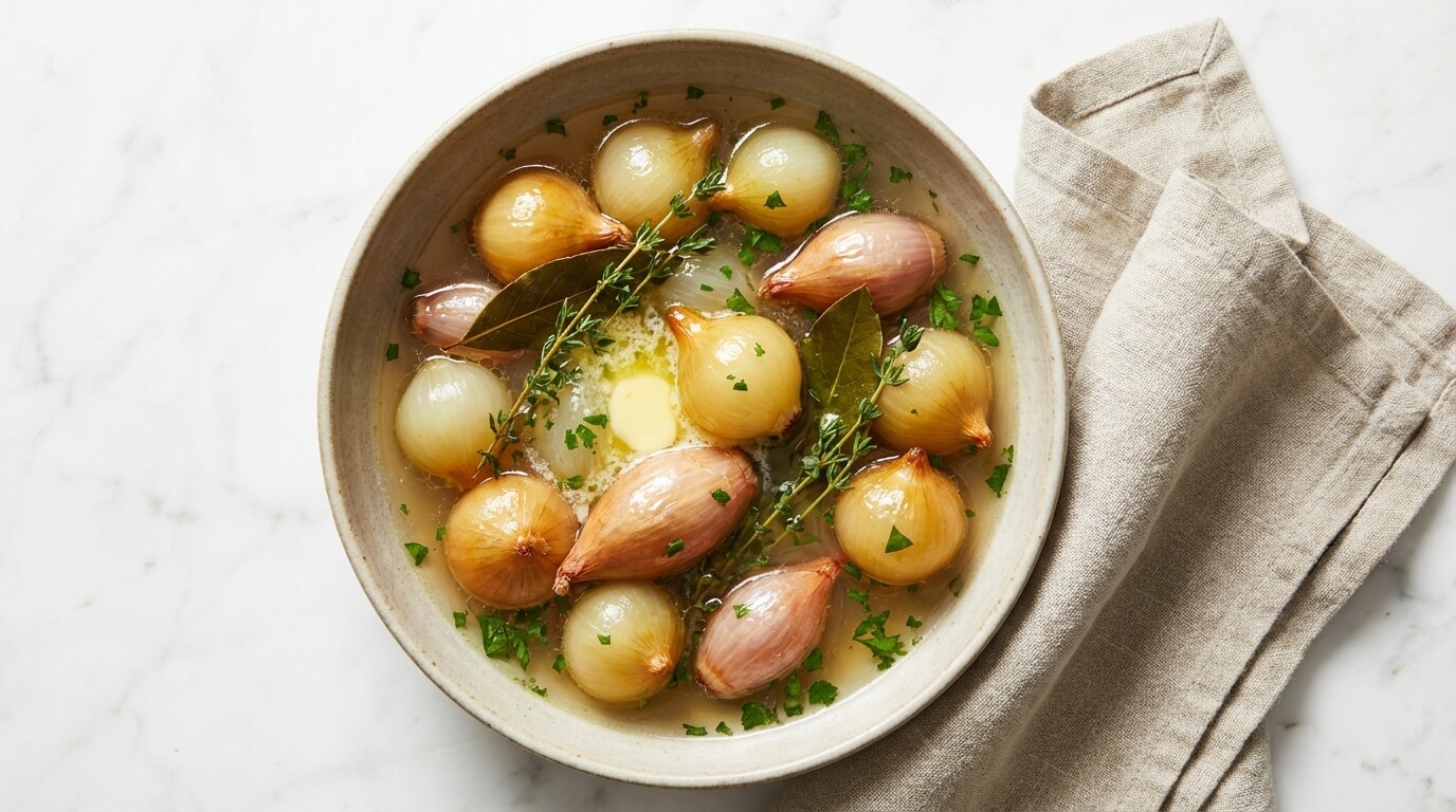 Onion boil recipe with whole tender onions simmered in savory broth