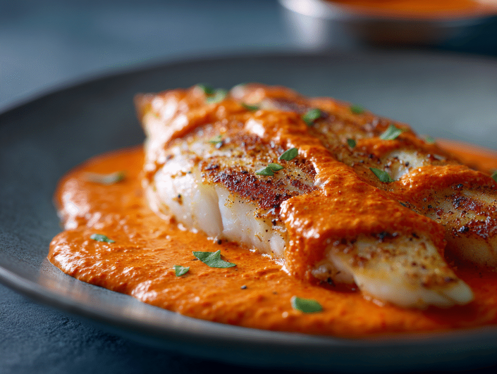 Quick tilapia in roasted pepper sauce with creamy red pepper sauce