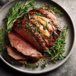 Showstopping roasted beef tenderloin sliced and served on a platter