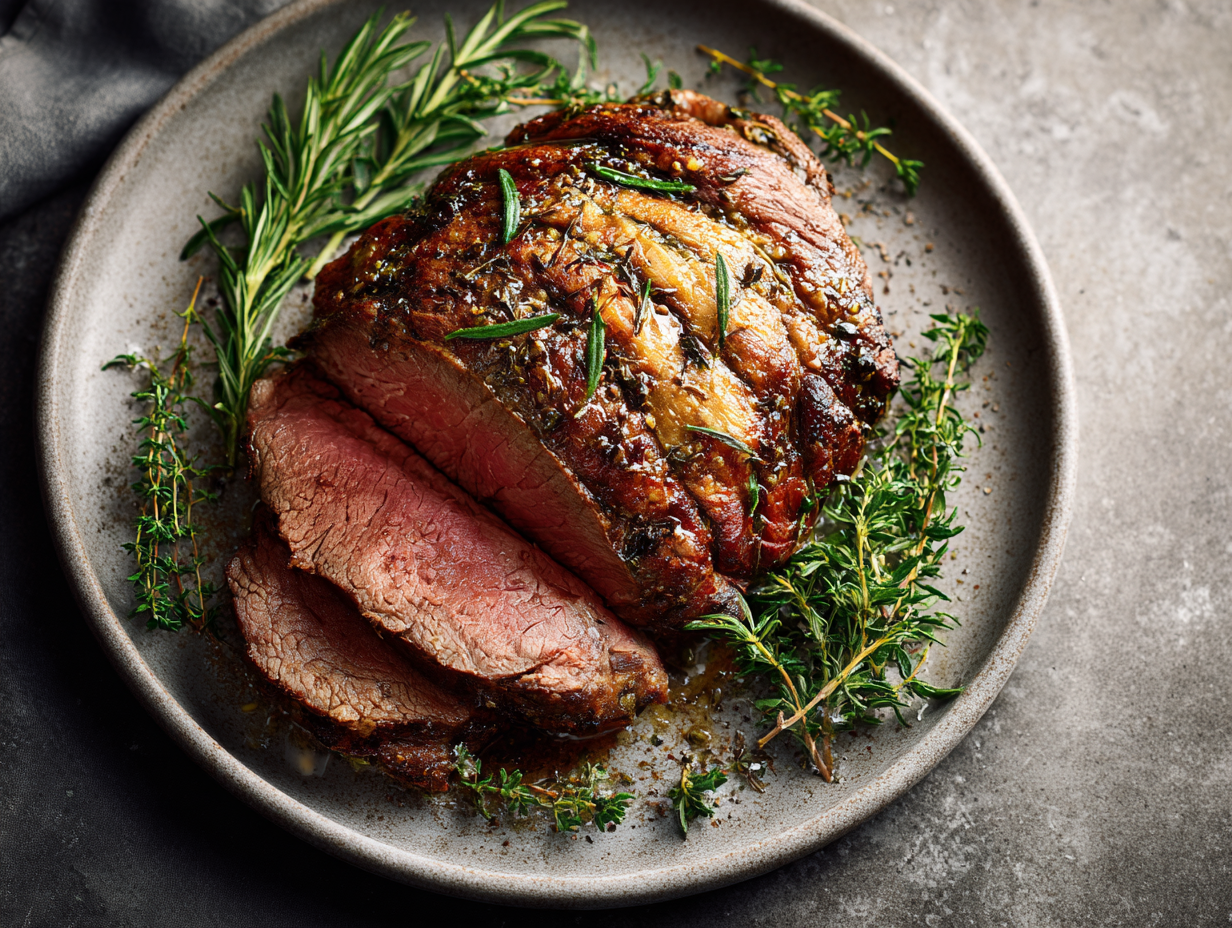 Showstopping roasted beef tenderloin sliced and served on a platter