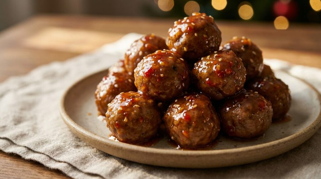 Sweet chili cocktail meatballs coated in a glossy sweet and spicy sauce