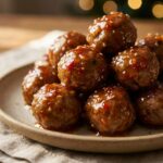 Sweet chili cocktail meatballs coated in a glossy sweet and spicy sauce
