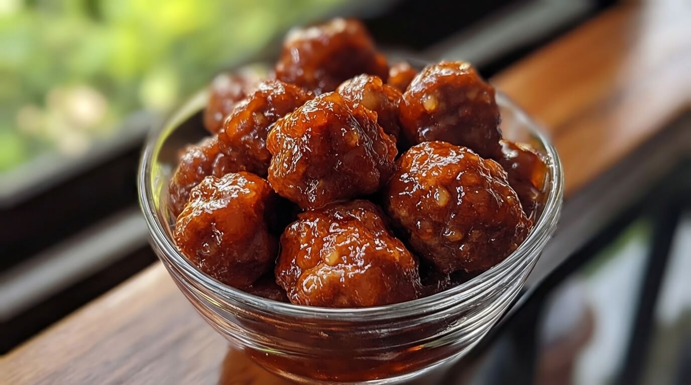 Bowl of sweet chili cocktail meatballs served as a party appetizer