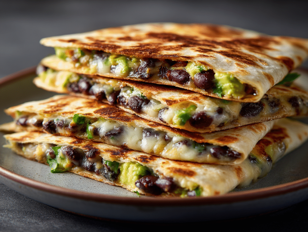 Vegan quesadillas with black beans and avocado on a ceramic plate