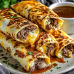 French Dip Tortilla Roll Ups served with au jus