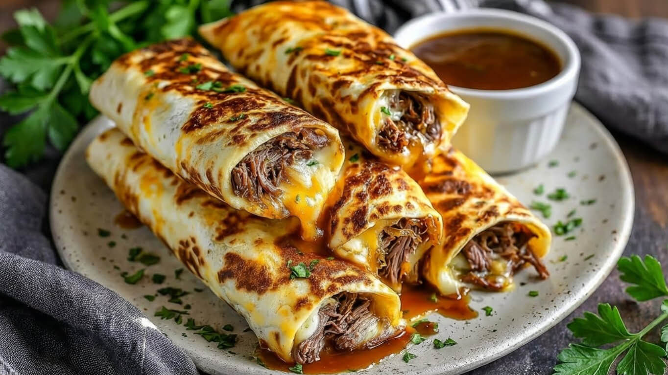 French Dip Tortilla Roll Ups served with au jus