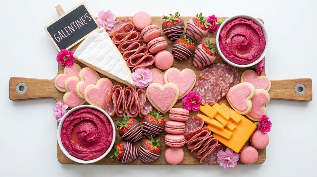 Galentine’s charcuterie board ideas with pink sweets, cheeses, and berries
