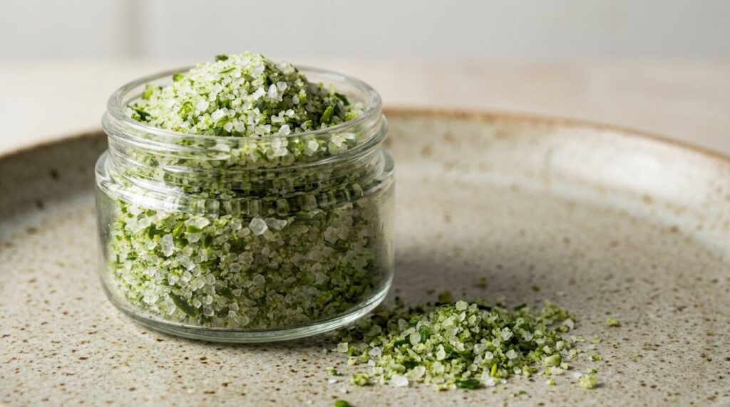 Homemade jalapeño salt made with dried jalapeños and coarse sea salt