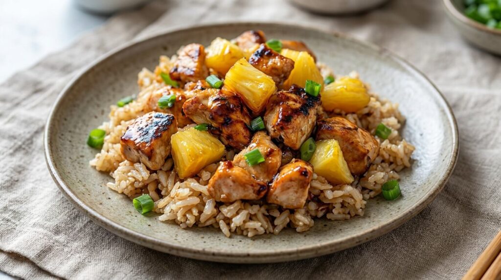 Pineapple chicken and rice with tender chicken and juicy pineapple
