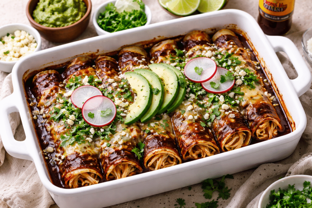 enchiladas mole negro casserole with shredded chicken mexican mole sauce baked in white dish topped with cotija cheese cilantro and avocado