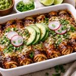 enchiladas mole negro casserole with shredded chicken mexican mole sauce baked in white dish topped with cotija cheese cilantro and avocado
