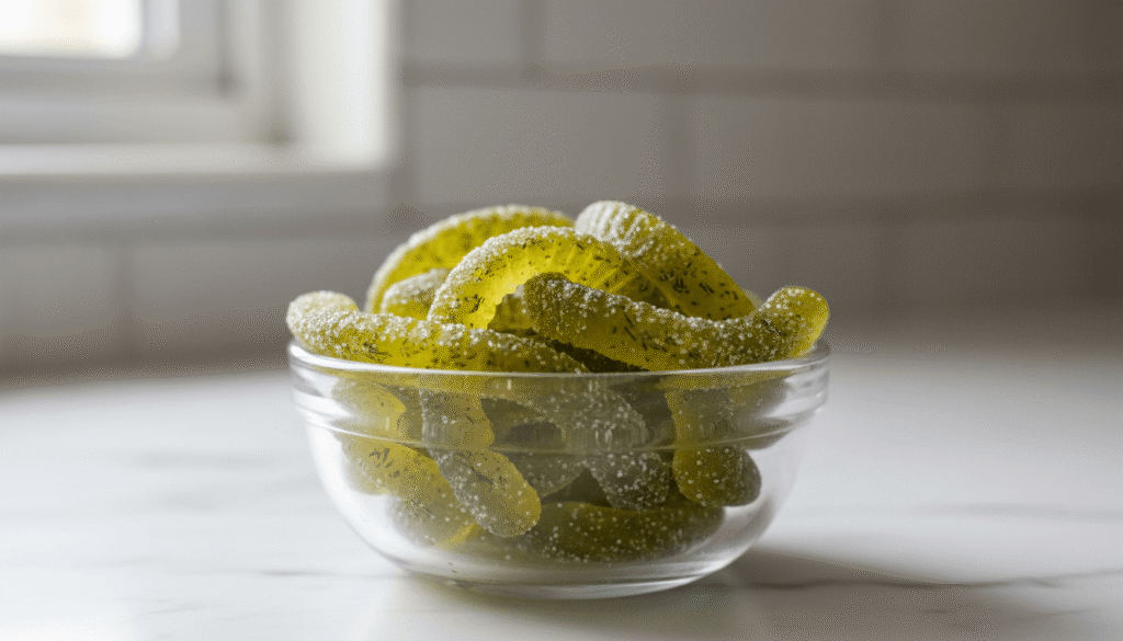 dill pickle gummy worms realistic close up in glass bowl