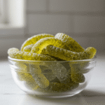 dill pickle gummy worms realistic close up in glass bowl