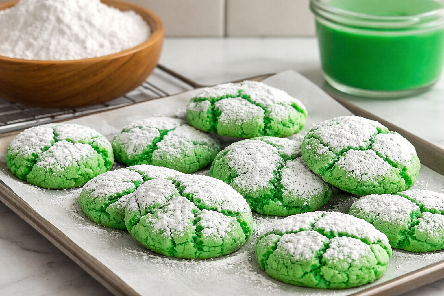 Bright green St. Patrick’s Day crinkle cookies coated in powdered sugar on a baking tray with a soft crackled texture.