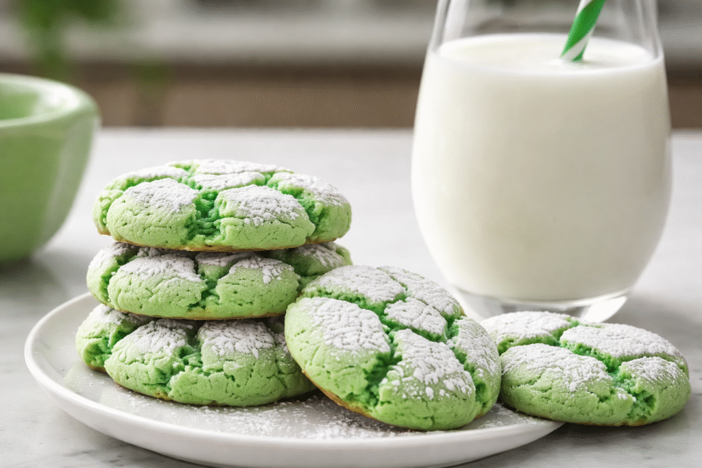 Stacked green St. Patrick’s Day crinkle cookies served with a glass of milk.