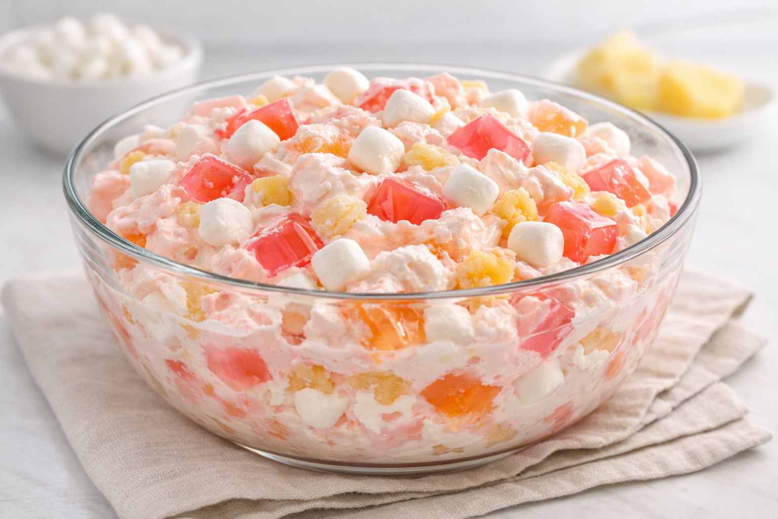 Classic jello and marshmallow fluff salad with pastel gelatin cubes and mini marshmallows in glass bowl