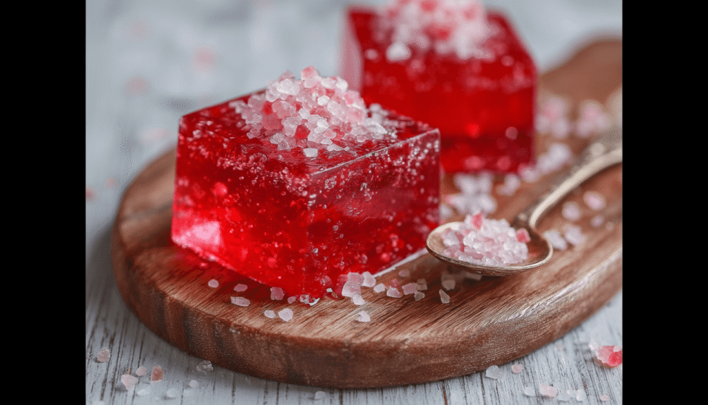 pink gelatin trick recipe in glass cups showing bright pink layered gelatin dessert