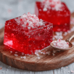 pink gelatin trick recipe in glass cups showing bright pink layered gelatin dessert