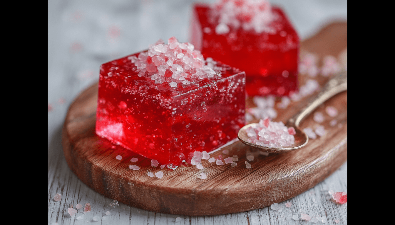 pink gelatin trick recipe in glass cups showing bright pink layered gelatin dessert