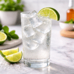 ranch water recipe texas sparkling drink in bright kitchen and outdoor sunset scene