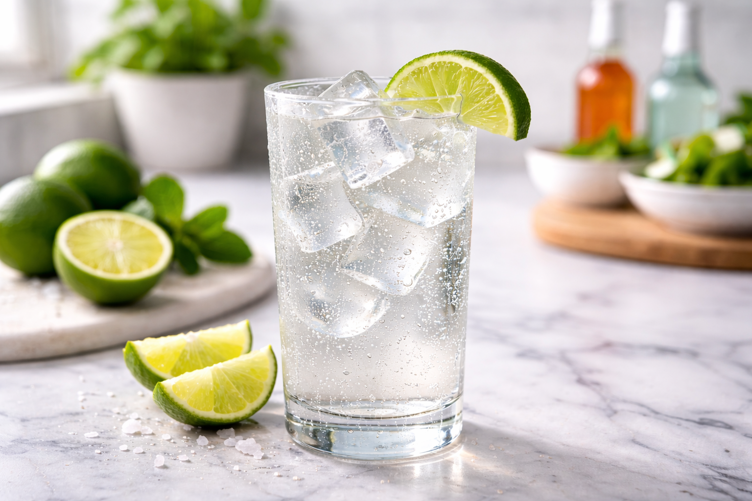 ranch water recipe texas sparkling drink in bright kitchen and outdoor sunset scene