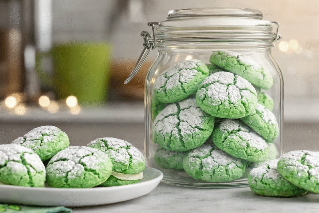 Green St. Patrick’s Day crinkle cookies stored in a glass jar with powdered sugar crackled tops.