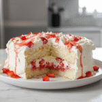 realistic strawberry earthquake cake with cream cheese frosting and fresh strawberries natural daylight
