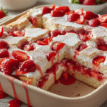 fork lifting strawberry earthquake cake bite natural daylight modern kitchen scene