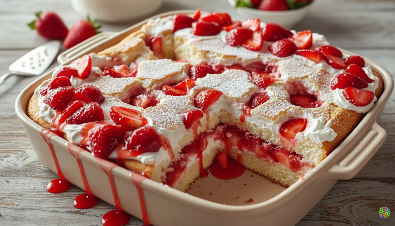 fork lifting strawberry earthquake cake bite natural daylight modern kitchen scene