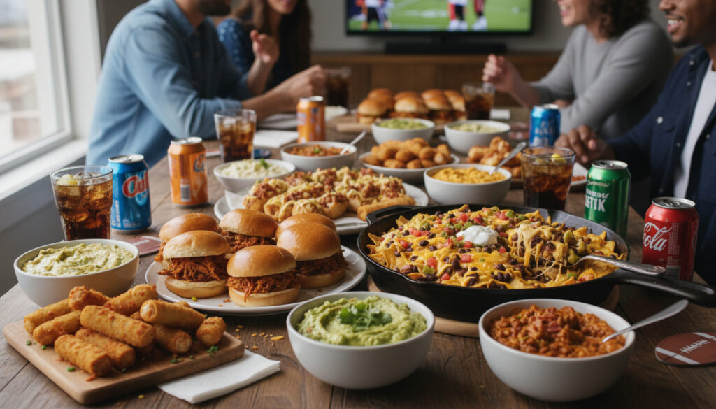 Super bowl party food table with cheesy appetizers dips finger foods and game day snacks on a modern table