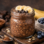 Creamy chocolate banana protein overnight oats in a glass jar topped with banana slices and chocolate chips