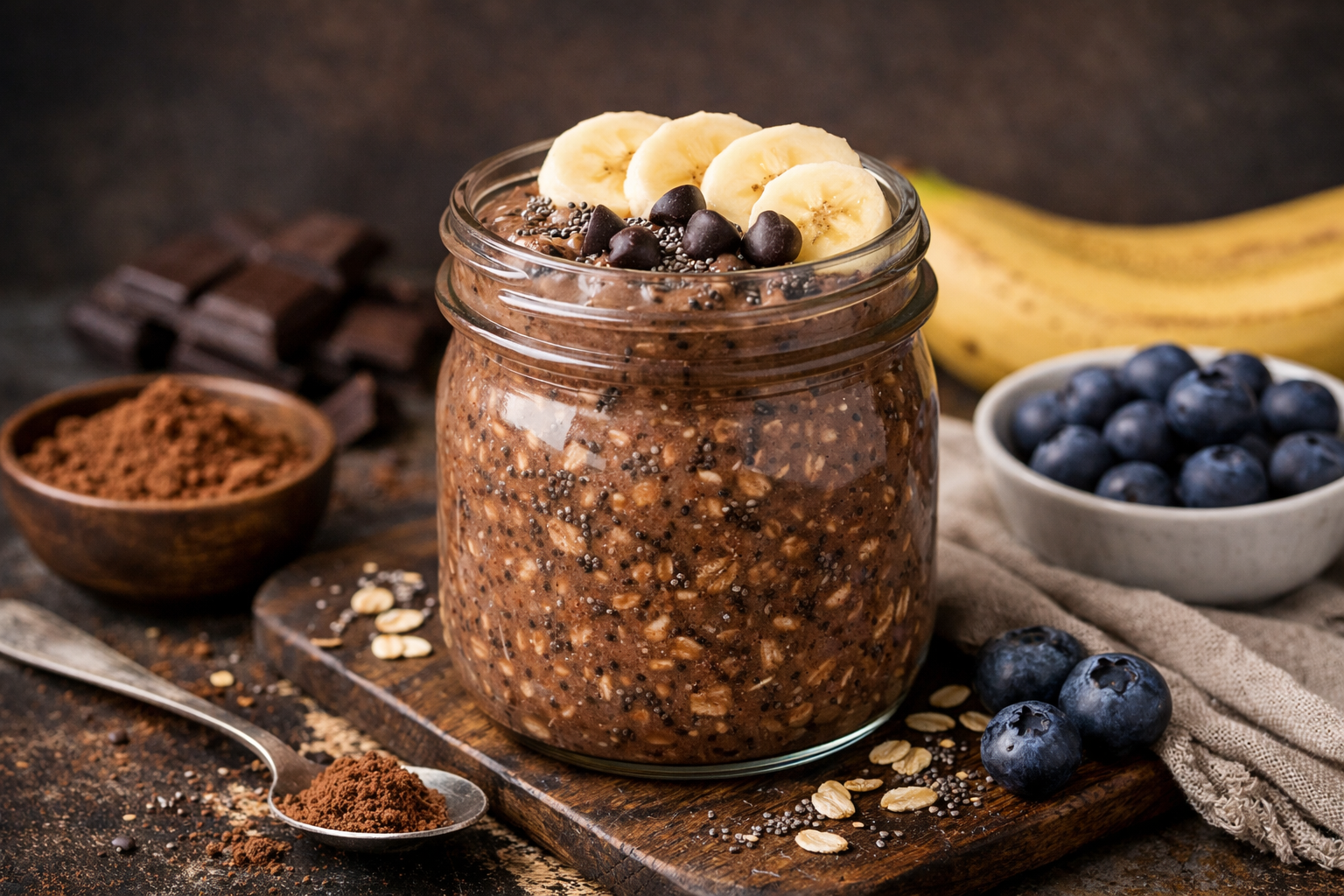 Creamy chocolate banana protein overnight oats in a glass jar topped with banana slices and chocolate chips