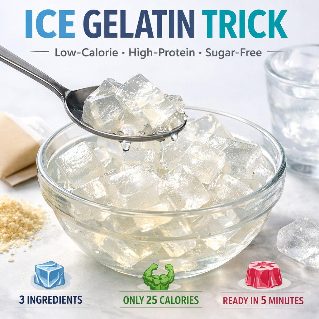 clear ice gelatin cubes in a glass bowl with spoon, low calorie gelatin snack, minimalist white background
