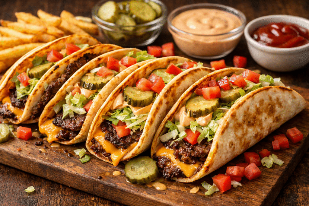 crispy smash burger tacos with melted cheese pickles lettuce and burger sauce on toasted flour tortillas