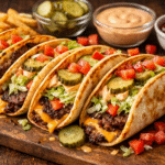 crispy smash burger tacos with melted cheese pickles lettuce and burger sauce on toasted flour tortillas