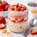 strawberry cheesecake overnight oats in a glass jar topped with fresh strawberries and graham cracker crumbs