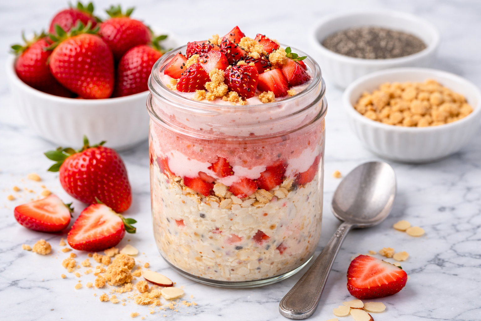 strawberry cheesecake overnight oats in a glass jar topped with fresh strawberries and graham cracker crumbs