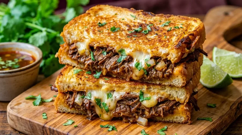 close up birria grilled cheese sandwich with juicy shredded beef and melted cheese