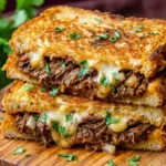 close up birria grilled cheese sandwich with juicy shredded beef and melted cheese