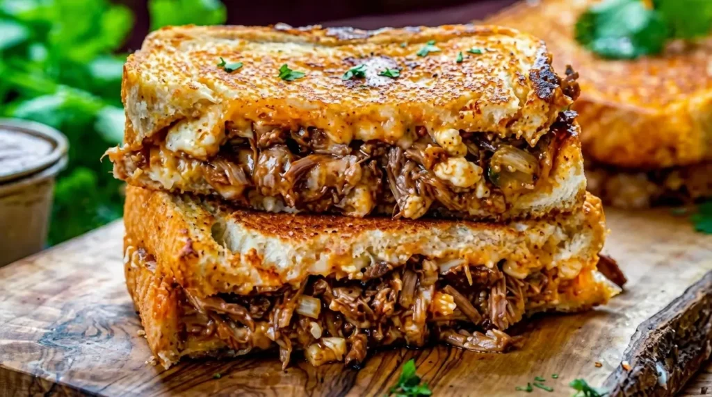 birria grilled cheese sandwich with melted cheese and shredded beef on toasted bread