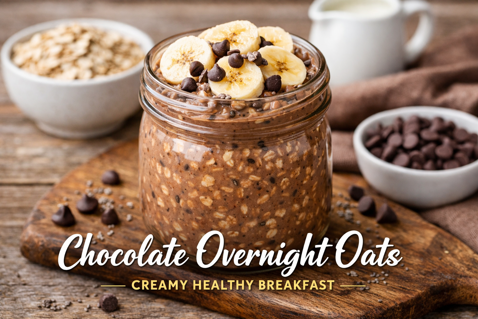 Creamy chocolate overnight oats in a glass jar topped with banana slices and chocolate chips